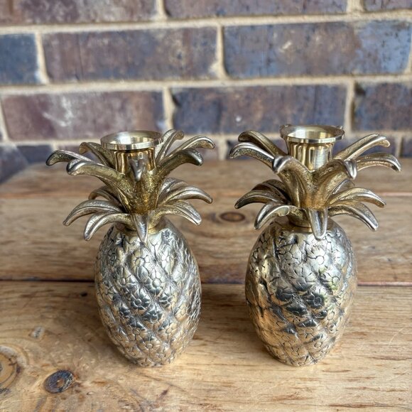 Vintage MCM Solid Brass Pineapple Candlestick Holders Set Of 2 - Picture 4 of 11